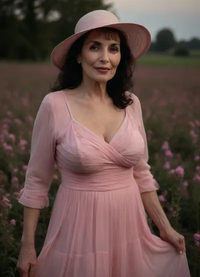 (((ultra detailed, ultra realistic, (((year 2000s:1.9))), (((nightly floral field:1.9))), (extremely detailed background), (((knee-length ultra-swaying wavy pleated hyper transparent simple minimalist modern elegant confident pink hypersheer summer dress:1.9))), (((extremely detailed dress:1.9))), (((extremely aged extremely elderly 50-year-old grandma:1.9))), (((insanely saggy and wrinkle skin:1.9))), (((extremely transparent transcluent sheer ultra-simple dress:1.9))), (bra and panties silhouette in dim light), (((gigantic ultra-XXXXL breasts:1.9))), slim, thin, skinny, (((extremely tempting erotica:1.9))), (((dark hair:1.9))), insanely elegant huge basic royal floral hat, (((whore:1.9))), (((big cleavage:1.9))), (((face close-up:1.9)))))), (((dark night:1.9))), Deep Depth of Field, F/20