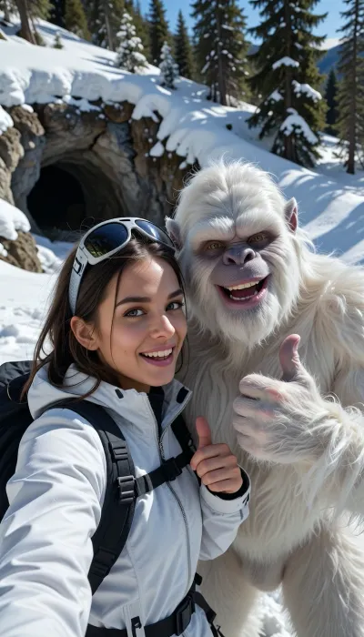 Cinematic photography, ultra-realistic, authentic skin texture, cinematic composition, shallow depth of field.

We are on a snowy mountain, lot of snow in a pine forest, sun is shining. A cave entrance is visible. This is a POV of a 25 yo beautiful woman. She is wearing a white mountain gear and outfit. She meets a white yeti. They are taking a selfie together. They are both have a large smile, They doing the thumb up.