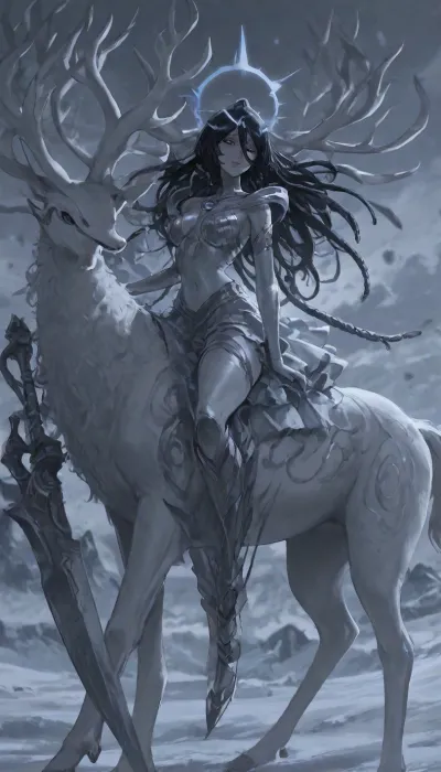 1girl, solo, 30yo, (((Shiva, Kuchiki Rukia))), (broadsword), halo, voluminous extremely long dreadlocks ponytail, slim body, perfect eyes, deep gaze, freckles, medium breasts, long ruffled skirt, very high heels, knee high boots, ((riding a giant deer)), (snowy mountains), ac_neg1, <lora:add-detail-xl:.8>