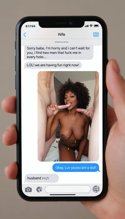 full screen, a man's hand is holding a smartphone, neutral room background, on the screen showing a selfie photo in a text message chain in perfect letters with a title at the top of the screen that says, "Wife" below in perfect letters, in the the chat says, "Sorry babe, I'm horny and i can't wait for you, i find two men that fuck me in every hole...", picture title next that says "LOL! we are having fun right now!", next is a picture of the hot black skin wife, pictures of the woman, curvy african ultra black skin woman, ultra black skin woman, with curly brown hair, in her room, she is naked, nude, ((she is kneeling in the between two white skin men)), on the ground, ((men standing around her)), she is making two handjob at two different men's penis and sucking one of them, bukkake, (((cumshot on her boobs and face))), (((realistic shots of cum on boobs))), a lot of shots of cum on her boobs, cum dripping from cin., husband reply, "Okay, Luv ya! you are a slut!"