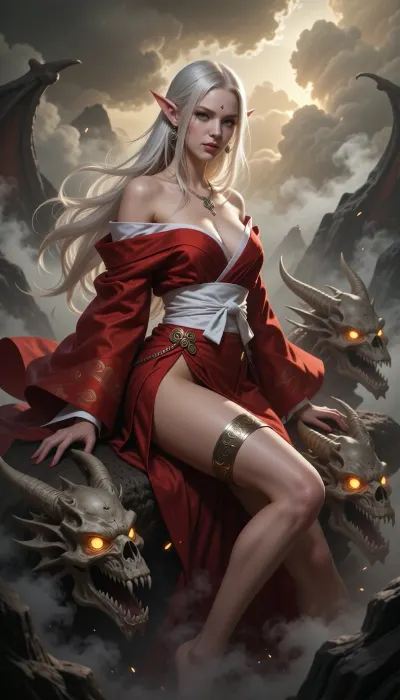 A dark fantasy digital painting of a beautiful female elf with long, flowing platinum blonde hair and pointed ears. She is wearing a striking, flowing crimson red kimono-style robe with a white obi sash, revealing a bare thigh adorned with a metallic gold band. She sits gracefully amid three terrifying, skeletal, ancient dragon heads made of bone with glowing, bright yellow eyes and jagged teeth. The atmosphere is filled with dramatic smoke, swirling mist, and soft golden light filtering through heavy clouds, creating a mythical, powerful, and fine-art illustration style.