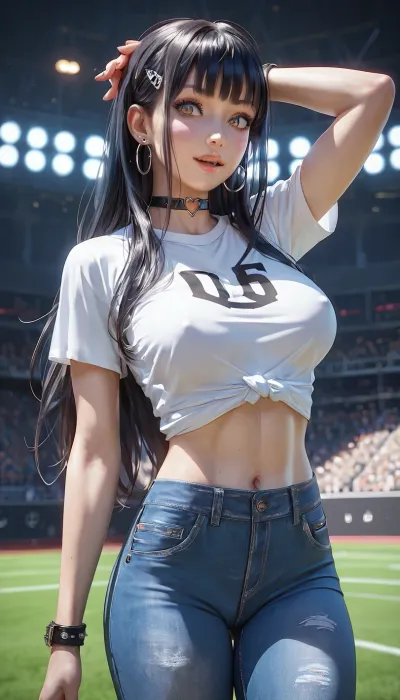 Busty, big tits, gothic girl, slender body, fit body, young woman, pretty face, dark hair, long hair, Jeans, (wears fully white shirt), on a stage in a stadium, (her Hands are behind her), she is dressed., (full clothes)