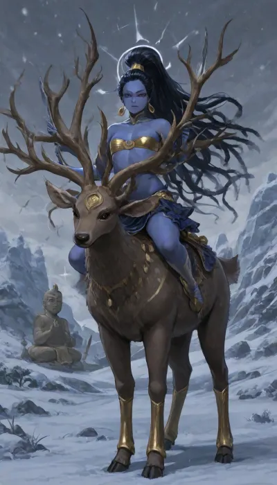 1girl, solo, 30yo, (((Shiva, Buddha))), (double sword), halo, voluminous extremely long dreadlocks ponytail, slim body, perfect eyes, deep gaze, freckles, bandeau bra, flat chest, long ruffled skirt, very high heels, knee high boots, ((riding a giant deer)), (snowy mountains), full body view, ac_neg1