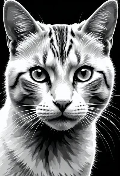 (in vector graphics art style:1.7), black lines on white field, black contrast contour, black and white image, white background, black contour lines, black contour drawing, a cat