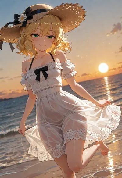 (Effortless pose:1.2), (sexy pose:1.2), (Loli_girl:1.3), (cleavage:1), character, sakurai_momoka.The, (petite:1.6), (curvy:1), sakurai_momoka, with short curly blonde hair, a ruffled headband, and beautiful green eyes and, (C-cup breasts:1), She is with a ribbon-tied straw hat on her head and nude off-shoulder lace maxi dress, puff sheer sleeves, 3D hollow floral lace, ruched waist, high-slit translucent gauze skirt, Leg details, the black little bow on the dress, delicate and elegant.Her skirt fluttered gently in the sea breeze.The girl walked barefoot on the sandy beach.Her feet were softly wrapped in fine golden sand.Facing the wind, she softly closed her eyes.The waves quietly brushed against her ankles.Her hair danced freely in the wind.Her smile was brighter than the sun, (Hyper-realisti csetting:1.2), The atmosphere is defined by a, (sunset glow:1), filtering through the surface, rendered in a glossy, glass-like anime aesthetic with brilliant lighting and a shimmering color palette., secluded, beach, wide, angle, portrait, <lora:荻pote_XL:1.5>, <lora:DetailedEyes_V3:1.3>, <lora:sakuraimomoka_animagine_v1:1.6>, <lora:LCMTurboMix_Euler_A_fix:.6>, <lora:XL_FD-SecludedBeach-R16:1.1>