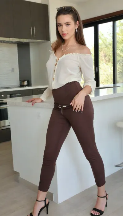 (8k), (UHD), (High resolution details), (photorealistic), (highly detailed facial features), (sharp focus), (high detail fabric texture), (professional photo), (perfect fingers), (highly detailed fingernails), A stunning woman stands in her modern kitchen getting ready to go out. She has long, lustrous brown hair, a fit toned body and impeccable style. She is wearing an ivory frilly long sleeve button down blouse, long loose chocolate brown harem pants with a drawstring waist, and elegant black kitten heel thong sandals. Her accessories are elegant pearl earrings, a pendant necklace, a stylish cream handbag and sunglasses on her forehead.
She is giving you a warm, inviting look.
She stands next to the kitchen island which has a modern barstool like chair in wood and beige frantic cushion. The kitchen cupboards are sleek modern dark wood with black built in oven.
The lighting is natural daylight with warm rich colours.
Overall the scene is one of sophisticated, tasteful luxury., xbmyr, photo, style, supermodel, face, big, lips, <lora:brasilGPv1:1.3>, <lora:Beautify-Supermodel-SDXL:.6>