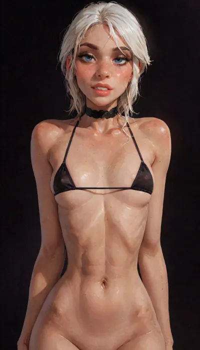 (reiq meets innv and Jack cayless art style), (Incase style:1.2), beautiful girl, friendly slight smile showing her teeth, (face closeup), (((solo))), (black choker), (narrow waist), (sexy abs:1.2), (ruined makeup:.7), bangs over eye, symmetrical blue eyes, ((snub nose, plumb lips, parted lips, teeth visible)), (half-closed eyes:1.3), small breasts, (erect puffy nipples), 1girl, ((face focus)), beads of sweat, sweat body, beautiful curves of the body, realistic detailed, deep insertion, intim light, (black micro bra:1.4), (simple dark background:1.8), skin texture, futuristic-fantasy-anime, incase, style, (ciri), (cirilla), <lora:sd_xl_turbo_lora_v1-64dim:2>, <lora:futureistic_fantasy_anime_sdxl_v1:2>, <lora:Incase_Style__SDXL:2>, <lora:SDXL_BetterFaces-LoRA_v1:.8>, <lora:Witcher3TurnXL_v1:.8>