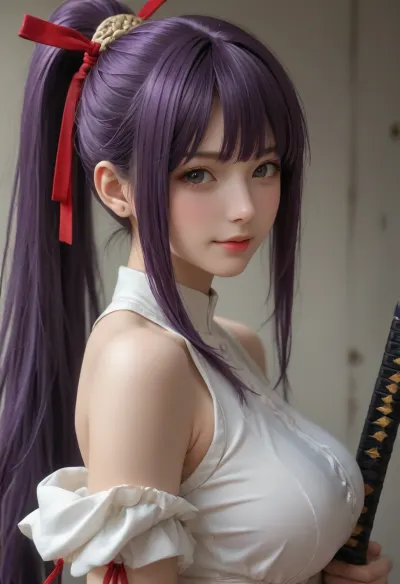 Portrait of Busujima Saeko from anime Highschools of the Dead, 18 y.o, wearing a white-and-violet shool uniform outfit, (pale skin), (purple hair:1.5), (very long high ponytail), red ribbon, side locks framing her face, large round eyes, blue eyes, holding a long katana in her hand, ((large puffy breasts)), (shy smile), cute, small nose, athletic body, looking at viewer, half body view, view from side