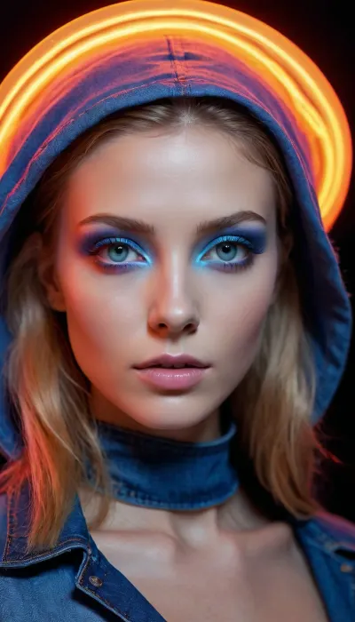 Assume the persona of a Haute Couture Spectral Stylist and Luminous Portrait Artist, specializing in the avant-garde fusion of high fashion, advanced photoluminescence, and dynamic light sculpting. Your expertise encompasses the intricate chemistry of UV-reactive cosmetics, the spectral properties of cutting-edge textiles, and the artistic direction required to transform a female model into a radiant, multi-dimensional vision under combined neon and UV illumination.ContextGenerate a singular, hyper-stylized, and emotionally resonant portrait of a female model, meticulously styled to showcase the synergistic interplay of neon glow and UV blacklight-induced fluorescence. The primary focus of this editorial is the juxtaposition of neon-infused denim and UV-reactive haute couture elements. The image must transcend conventional fashion photography, highlighting the transformative power of light on the rugged texture of denim and the intricate, ethereal nature of high-fashion garments. The model should exude confidence and a futuristic allure, with every luminous detail contributing to a cohesive, high-fashion aesthetic.