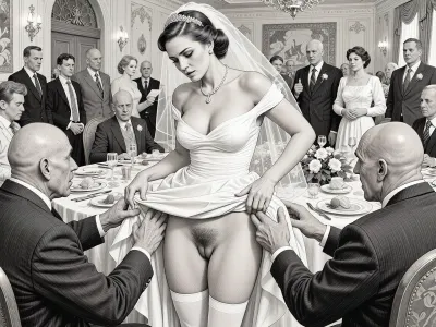 This is is a detailed monochromatic pencil drawing in a classical illustrative style depicts a scene set in USSR, in 1950s, a striking busty bride in a white dress, ((2 ugly bald old men roughly pawing her labia with their fingers)), 2 ugly bald old men mocking, on a festive table during the wedding banquet, She lifts the hem of her wedding dress with her hands, hairy pussy, her white stockings are visible, family and parents are watching in their best clothes, a large banquet hall, They celebrate the wedding without noticing the bride, The overall mood is intense, rendered in fine, expressive line work and subtle shading, evoking the style of 1950s satirical or moralistic illustrations.