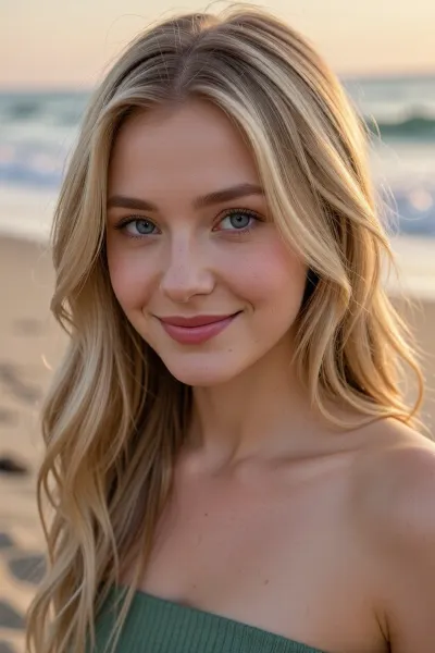 (mischievous 27yo woman, California girl, adorable girl-next-door beauty:2), (soft bashful smile, flirty pose), (blonde hair, soft silky hair, long hair falling in soft waves, center-part hair), (soft blush, mauve lips), (huge expressive eyes, pale blue eyes, wide-set eyes:4), (soft features, round face, soft oval lips with pillowy creases), (cute strapless forest-green top), (flattering golden hour portrait on stunning Santa Monica beach)