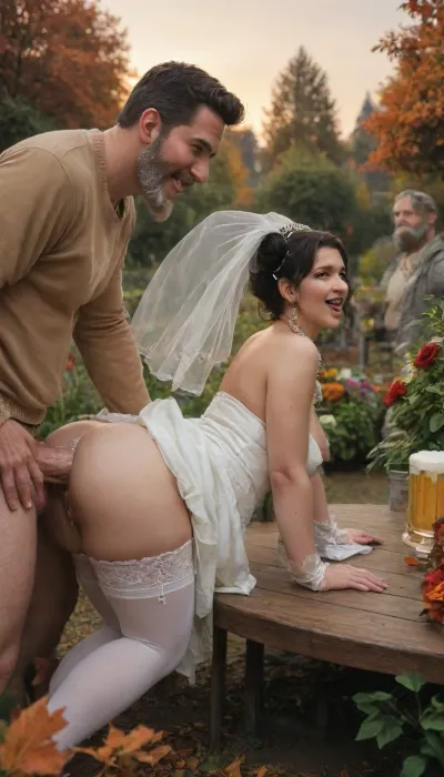 Slightly chubby bride, perfect nature, (autumn colors), gets fucked outdoors in a German beer garden, (anal sex:1.6), (extremely huge cocks:1.2), (open, smiling mouth:1.2), (has doggystyle sex on a table and is fucked from behind:1.2), (side view:1.2), (massive cumshots), (black hair in bun), (wearing a wedding outfit), covered in cum, has large silicone breasts and a big, nice ass, (gets anally fucked by two older men and a white beard:1.2), they are fully clothed, outdoors in Germany, (((public beer garden, crowded, people around))), Sunset, perfect eyes, 2 boys, white, stockings, sweetheart, ruffles, puffy, sleeves, (white, wedding, dress, veil:1.5), <lora:lora-sdxl-perfect-eyes:.6>