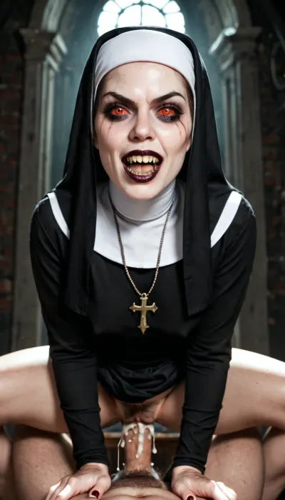 nun demon Valak old face, from the horror movie The Conjuring, a scary demonic face with sharp teeth and demonic eyes, (with a very hairy vagina), a dark room, fucking she a young 20 year old guy, vaginal, doggy style position, (an exact copy of the demon Valak from the horror movie The Conjuring), nun angry face, guy very fear, cum vagina