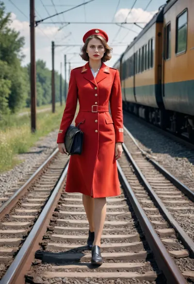 (in style of soviet propaganda poster), a girl near railway, headcar of electric train is approaching