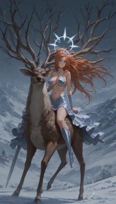 1girl, solo, 30yo, (((Shiva, Inoue Orihime))), (broadsword), halo, voluminous extremely long dreadlocks ponytail, slim body, topless, perfect eyes, deep gaze, freckles, medium breasts, long ruffled skirt, very high heels, knee high boots, ((riding a giant deer)), (snowy mountains), full body view, ac_neg1
