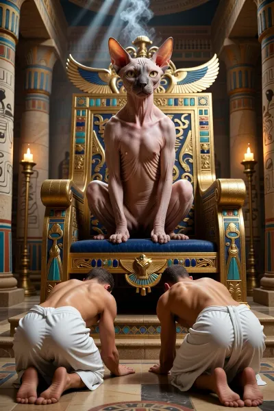 A high-detail, cinematic photograph of a majestic, completely hairless Sphynx cat sitting regally upon a massive, ornate ancient Egyptian throne. The Sphynx cat is the central focus, finely detailed with realistic skin texture, subtle wrinkles, soft peach-fuzz sheen, prominent skin folds around the neck and body, large expressive ears, and piercing almond-shaped golden-amber eyes that radiate divine power. The throne is crafted from carved solid gold, lapis lazuli, and turquoise inlays, decorated with detailed sacred hieroglyphics and vulture wings. In the foreground, seen from behind, (back view), two shirtless ancient Egyptian devotees in white linen kilts, (schenti), are bowing deeply in worship toward their naked feline deity, their hands stretched forward on the polished stone floor. The temple interior features monumental sandstone columns covered in painted reliefs, glowing oil lamps casting warm flickering light, and volumetric beams of sunlight cutting through high incense-filled air. Ultra-realistic skin textures, dramatic chiaroscuro lighting, rich colors, intricate architectural details, shot on 85mm lens, depth of field, 8k resolution, photorealistic masterwork.