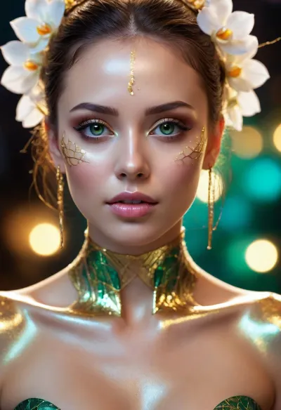 A breathtaking exotic female android, translucent crystalline skin revealing delicate glowing golden wires and liquid light inside. Elegant body structure made of polished white jade and iridescent glass plates, exotic orchid flower patterns etched into her metallic cheeks. Enchanting and beautiful face, deep glowing emerald eyes, surreal digital art masterpiece, dark reflective background with soft colorful bokeh, 8k resolution, photorealistic textures.