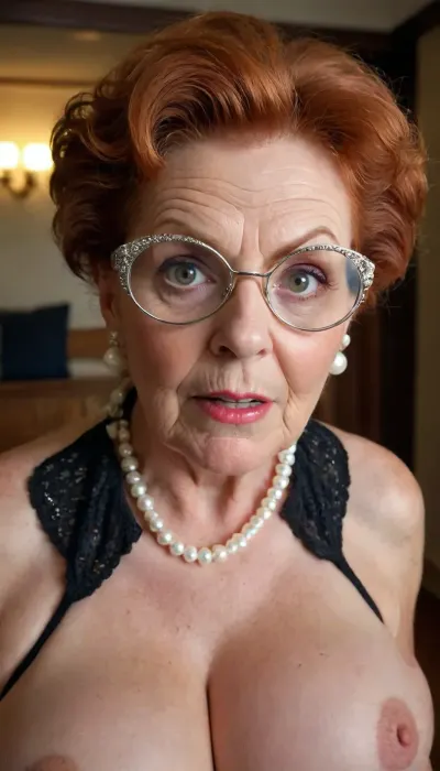 full body view, Joan, (gilf:1.4), 75 years old, wrinkled face, very wrinkled skin, very fat, BBW, nude, very angry looking, severe, strict, perfect teeth, perfect eyes, (huge saggy breasts), hanging tits, looking at viewer, (((dark ginger hair))), makeup, shows her shaved pubis . very pointy glasses. Hairband, two white big pearls collar