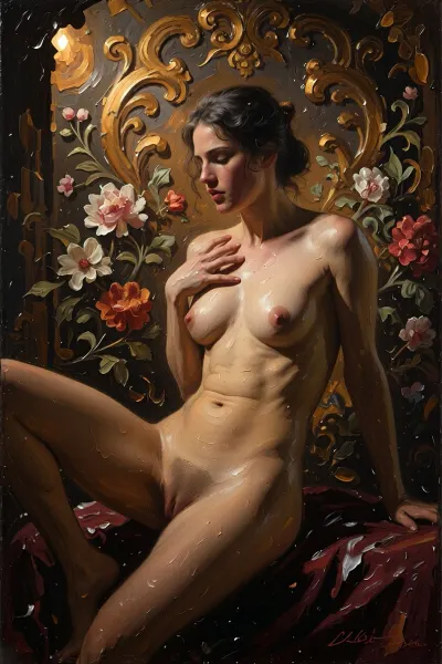 A High Baroque-style oil painting depicting a fully nude young woman with dark hair gathered in a casual bun. Her gaze is cast downward, her expression is calm, pensive, and slightly melancholic, and she sits with her body turned slightly to one side. Her right hand rests on her chest, while her left rests on a dark burgundy drapery.
Behind her is a huge, opulent golden Baroque cartouche with lush acanthus scrolls and symmetrical ornamentation, from which a warm golden glow emanates. To the left and right are large, lifelike flowers—peonies with dense petals, painted with thick, impasto brushstrokes.
Lighting, a powerful, warm, directed light from the upper left, resembling the light of a large candle. It creates soft, three-dimensional, oily highlights on the moist skin of the shoulders, chest, abdomen, and thighs, as well as bright golden reflections on the ornamentation. The right side of the body is submerged in deep, warm shadows. A strong chiaroscuro effect, with a contrast between the luminous gold and the dark background.
Painting style, classical European oil painting of the 17th–18th centuries with modern academic precision. Distinctive brushwork—thick, rich, rounded brushstrokes on the gold ornamentation and flower petals, impasto white and ochre on droplets and highlights, soft glazing and smooth tonal transitions on the body. A rich, deep color palette, a sense of the paint’s heavy materiality, and high levels of detail in the skin, water, and metal. A masterpiece, museum-quality, ultra-detailed oil painting.
