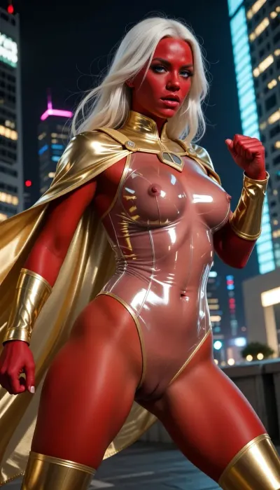 full body view, Superheroine, red skin, long white hair, bright blue eyes, athletic body, (totally naked under fully transparent golden bodysuit), shaved pussy, transparent golden short cape, dynamic fighting stance, modern city at night background