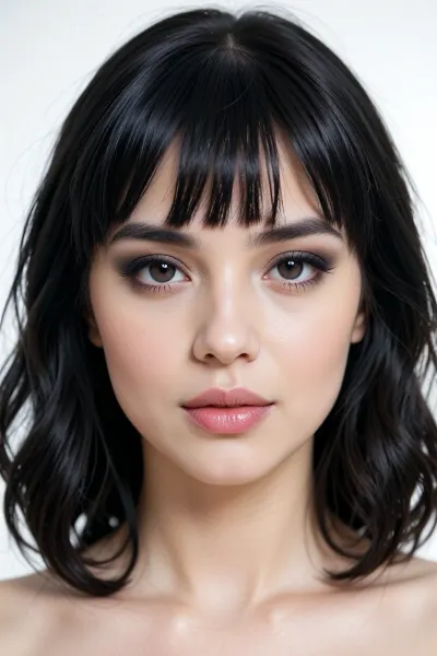 (avant-garde high fashion portrait esthetic, unnerving and surreal), (black hair, dark thick eyebrows, creamy alabaster skin tone, flawless skin:2), (wavy jaw-length hair, blunt bangs haircut, thick hair:4), (soft pillowy lips), (facing straight-on, playful smokey gaze), (large expressive eyes), (unedited raw photo aesthetic, overexposed low-contrast), (blown-out white highlights, Low dynamic range, washed-out high-key aesthetic)