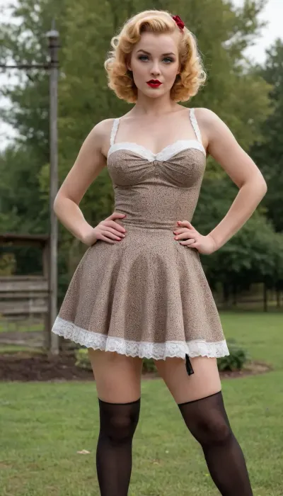 (((1950 pinup style))), painted style, outdoors, swinger dress, 1950s dress, 1950’s dress, pantyless, painted, watercolour, (ginger, blonde hair), black stockings and garter, Caucasian woman, lace panties, curly messy Bob cut
