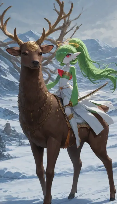 1girl, solo, 30yo, (((Gardevoir, Buddha))), (double sword), halo, voluminous extremely long dreadlocks ponytail, slim body, perfect eyes, deep gaze, freckles, bandeau bra, flat chest, long ruffled skirt, very high heels, knee high boots, ((riding a giant deer)), (snowy mountains), full body view, ac_neg1