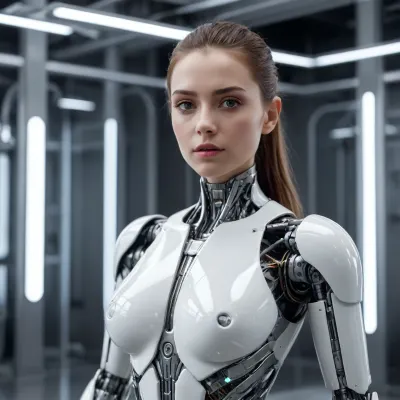 A sophisticated female android with an elegant design, featuring a mix of polished white ceramic and brushed silver plating. Glowing fiber-optic lines integrated into the chassis, detailed robotic joints, calm and steady expression, cinematic laboratory background, soft volumetric lighting, 8k resolution, highly detailed digital art.