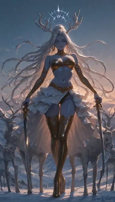 1girl, solo, (((Shiva))), (double blade), halo, voluminous extremely long dreadlocks ponytail, slim body, perfect eyes, submissive look, bandeau bra, medium breasts, long ruffle skirt, very high heels, thigh high boots, ((riding a zombie deer)), (snowy mountain), full body view, ac_neg1, <lora:add-detail-xl:.8>, <lora:MJ52:.8>, <lora:HannahXL:2>