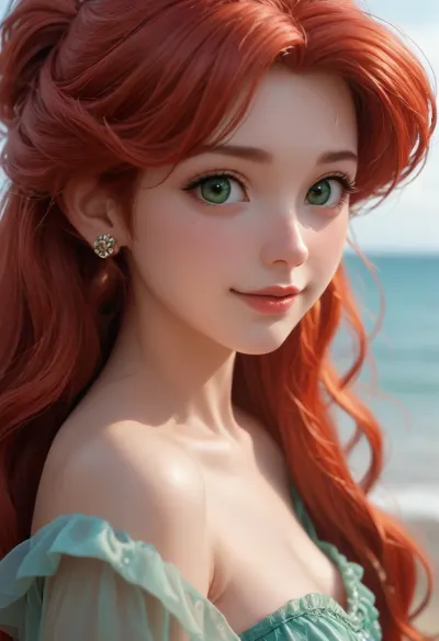 Portrait of Ariel from the little mermaid, Disney princess, (pale skin), long voluminous hair, red hair, earrings, green eyes, looking at viewer, (smile), cute, small nose, athletic body, (((half body view:1.7))), view from side