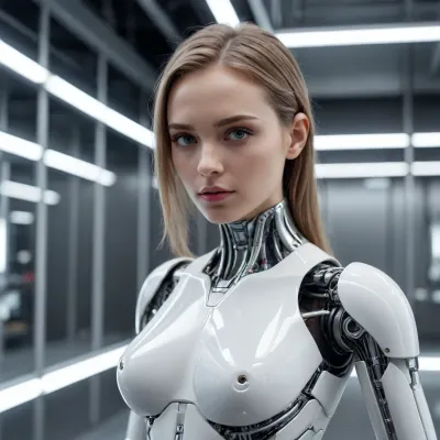A sophisticated female android with an elegant design, featuring a mix of polished white ceramic and brushed silver plating. Glowing fiber-optic lines integrated into the chassis, detailed robotic joints, calm and steady expression, cinematic laboratory background, soft volumetric lighting, 8k resolution, highly detailed digital art.