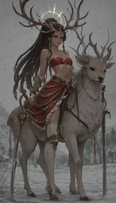 1girl, solo, (((Shiva))), (double blade), halo, voluminous extremely long dreadlocks ponytail, slim body, perfect eyes, submissive look, freckles, bandeau bra, flat chest, long ruffled skirt, very high heels, knee high boots, ((riding a giant deer)), (snowy valley), full body view, ac_neg1, <lora:HannahXL:2>