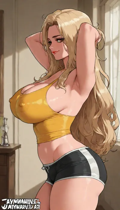 (((jay marvel art style:2))), solo, (arms behind her head), side view, (makeup), at abandoned room, large breasts, wavy hair, hourglass figure, sexy pose, tight yellow crop top, denin shorts, hard nipples, side boobies, off shoulder, big breasts, natural breasts, blonde hair, bangs, wide hips, smirk, long length hair, portrait, close up, score_9, <lora:detailed_notrigger:1.7>, <lora:mk_Bp Anime_xl:1.7>, <lora:narae-XL-v2-ep20:1.4>, <lora:outline_xl_kohaku_delta_spv5x:1.9>