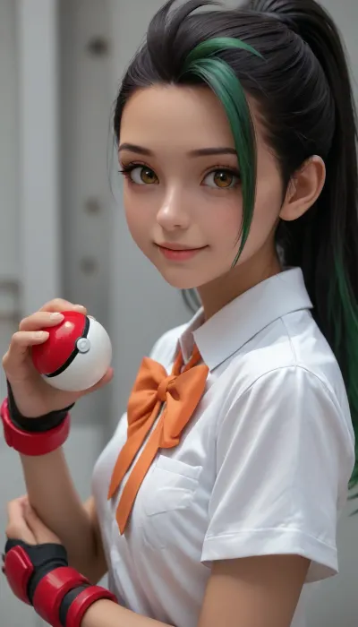 portrait of a slender adult woman, Nemona from Pokemon, wearing a white shirt, small orange bow tie, dark olive skin, long straight hair, black hair with green streaks, brown eyes, raiding one hand with red bracer, holding a large pokeball in one hand, (shy smile), cute, small nose, athletic body, looking at viewer, half body view, view from side