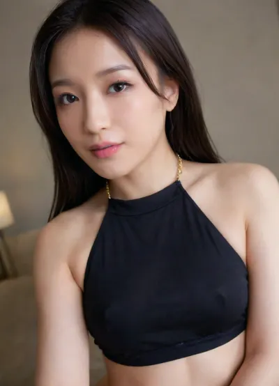 masterpiece, best quality, photorealistic, ultra realistic 8k raw photo, beautiful young East Asian woman in her early 20s, exact same face as reference, highly accurate facial likeness, fair flawless skin with realistic pores and micro texture, large expressive dark brown almond eyes with glossy reflections, natural arched eyebrows, small refined nose, soft full lips with natural pink-nude lipstick, gentle warm smile, long straight silky jet-black hair, side-parted, flowing over shoulders and back, wearing tight black sleeveless halter-neck pleated top that accentuates her figure, thin gold heart pendant necklace, gold chain belt at waist, silver watch/bracelet on left wrist, selfie pose, upper body shot, slight head tilt to the right, looking at viewer with soft seductive expression, soft indoor lighting with purple ambient tones, shallow depth of field, bokeh background, sharp focus on face, eyes and gloves, cinematic lighting, realistic skin details, detailed hair strands, perfect anatomy, subtle makeup, <lora:japanese_girl_v1.1:1.2>, <lora:LoRA-girls-sdxl-v4:.6>