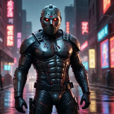 A dark cyberpunk version of Jason Voorhees, wearing a glossy metallic hockey mask with glowing red neon eyes, shredded futuristic tactical gear exposing a muscular and scarred cybernetic chest. Standing in a rainy cyberpunk alley with neon reflections, dark synthwave aesthetic, sensual yet intimidating posture, high contrast, unreal engine 5 render, hyper-detailed.