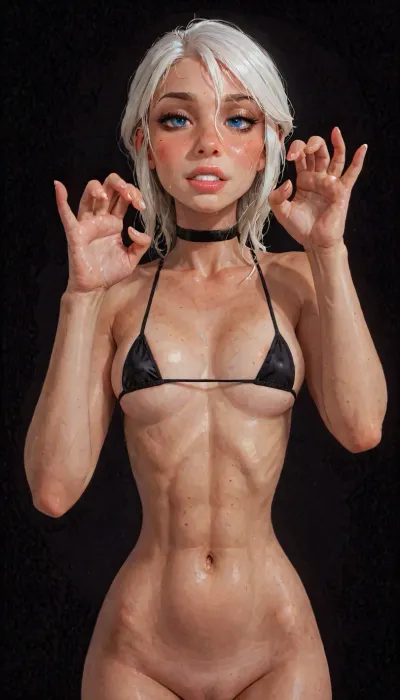 (reiq meets innv and Jack cayless art style), (Incase style:1.2), beautiful girl, friendly slight smile showing her teeth, (face closeup), (((solo))), (black choker), (narrow waist), (sexy abs:1.3), (ruined makeup:.7), bangs over eye, symmetrical blue eyes, (orgasm face:1.3), (skinny athletic body:1.2), (relax pose:1.4), ((snub nose, plumb lips, parted lips, teeth visible)), (half-closed eyes:1.3), (tied plunging neckline), (small breasts:.7), (erected nipples:.6), 1girl, ((face focus)), beads of sweat, sweat body, beautiful curves of the body, realistic detailed, deep insertion, intim light, (black micro bra:1.4), (simple dark background:1.8), skin texture, futuristic-fantasy-anime, incase, style, (ciri), (cirilla), <lora:sd_xl_turbo_lora_v1-64dim:2>, <lora:futureistic_fantasy_anime_sdxl_v1:2>, <lora:Incase_Style__SDXL:2>, <lora:SDXL_BetterFaces-LoRA_v1:.8>, <lora:Witcher3TurnXL_v1:.8>