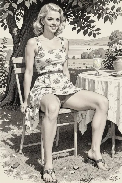 This is is a detailed monochromatic pencil drawing in a classical illustrative style depicts a scene set blonde german 26yo beautiful slim woman, beautiful long legs, sitting in the garden on a warm summerday in the schade of a tree by a table, cool lemonade nearby wearing a simple flowered summerdress and sandals, wears a toe ring, the legs are slightly apart, hairy pussy are visible, smiling into the camera for a remembering photo, full body view, show feet. The overall mood is intense, rendered in fine, expressive line work and subtle shading, evoking the style of 1950s satirical or moralistic illustrations.