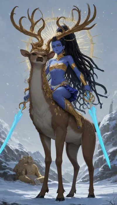 1girl, solo, 30yo, (((Shiva, Buddha))), (double sword), halo, voluminous extremely long dreadlocks ponytail, slim body, perfect eyes, deep gaze, freckles, bandeau bra, flat chest, long ruffled skirt, very high heels, knee high boots, ((riding a giant deer)), (snowy mountains), full body view, ac_neg1