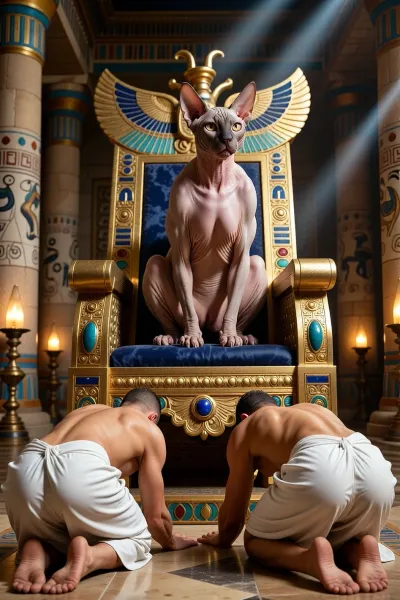 A high-detail, cinematic photograph of a majestic, completely hairless Sphynx cat sitting regally upon a massive, ornate ancient Egyptian throne. The Sphynx cat is the central focus, finely detailed with realistic skin texture, subtle wrinkles, soft peach-fuzz sheen, prominent skin folds around the neck and body, large expressive ears, and piercing almond-shaped golden-amber eyes that radiate divine power. The throne is crafted from carved solid gold, lapis lazuli, and turquoise inlays, decorated with detailed sacred hieroglyphics and vulture wings. In the foreground, seen from behind, (back view), two shirtless ancient Egyptian devotees in white linen kilts, (schenti), are bowing deeply in worship toward their naked feline deity, their hands stretched forward on the polished stone floor. The temple interior features monumental sandstone columns covered in painted reliefs, glowing oil lamps casting warm flickering light, and volumetric beams of sunlight cutting through high incense-filled air. Ultra-realistic skin textures, dramatic chiaroscuro lighting, rich colors, intricate architectural details, shot on 85mm lens, depth of field, 8k resolution, photorealistic masterwork.