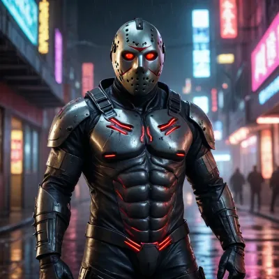 A dark cyberpunk version of Jason Voorhees, wearing a glossy metallic hockey mask with glowing red neon eyes, shredded futuristic tactical gear exposing a muscular and scarred cybernetic chest. Standing in a rainy cyberpunk alley with neon reflections, dark synthwave aesthetic, sensual yet intimidating posture, high contrast, unreal engine 5 render, hyper-detailed.