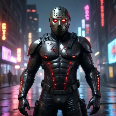 A dark cyberpunk version of Jason Voorhees, wearing a glossy metallic hockey mask with glowing red neon eyes, shredded futuristic tactical gear exposing a muscular and scarred cybernetic chest. Standing in a rainy cyberpunk alley with neon reflections, dark synthwave aesthetic, sensual yet intimidating posture, high contrast, unreal engine 5 render, hyper-detailed.