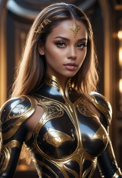A stunning exotic gynoid with flawless polished obsidian-black metallic skin. Intricate filigree gold armor plates accentuating her seductive curves, liquid gold energy pulsing gently through elegant panel lines. Long cybernetic hair made of shimmering silver fiber-optics, striking glowing amber eyes, high-fashion sci-fi portrait, cinematic dramatic lighting, unreal engine 5 render, hyper-detailed.