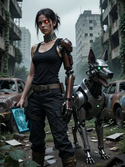 In a post-apocalyptic city, amidst the ivy-covered ruins of concrete high-rises and rusting, abandoned cars, stands a young cyborg woman. She has dark, dishevelled hair and a steely gaze, her left eye is a bright red, glowing cybernetic implant, and her neck is encased in a segmented metal collar. Her left arm is entirely mechanical, a dark brown industrial prosthesis with exposed joints and hydraulics. She is wearing a black vest, dark tactical cargo trousers and heavy, high-top boots, (only the tops of the boots are visible), . In her right hand, she holds a holographic tablet displaying a map of the city. To her right, baring its fangs, stands a four-legged metal cyborg resembling a German Shepherd, with bright green glowing eyes, in a tense stance. The atmosphere is gloomy, with an overcast sky and fog, nature is reclaiming the ruined city. Realism, high detail, cinematic lighting.