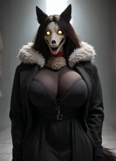 masterpiece, best quality, 8k, ultra-detailed, hyper-detailed, cinematic lighting, furry art, digital painting, (((SCP-1477))), 1girl, (((anthro furry wolf))), (((black fur, sleek black coat, full fur coverage))), (((large heavy breasts, big round firm chest, slightly oversized but natural, full cleavage))), (((wolf head, wolf ears, yellow eyes, sharp fangs, no human face))), wearing black leather corset, breasts pushed up and spilling slightly, narrow waist, wide hips, fluffy black tail, standing in moonlit greenhouse, hands at sides, confident gaze, moss and plants around, humid atmosphere, SCP collar with tag, hyper-detailed fur texture