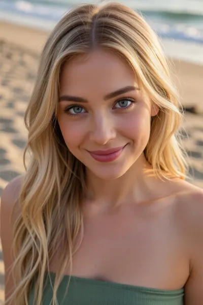 (mischievous 27yo woman, playful aesthetic, California girl, adorable girl-next-door beauty:2), (cute flirty smile, playful joyous pose), (blonde hair, soft silky hair, long hair falling in soft waves, center-part hair), (soft blush, mauve lips), (huge expressive eyes, pale blue eyes, wide-set eyes:4), (soft features, round face, soft oval lips with pillowy creases), (cute strapless forest-green top), (stunning golden hour portrait on scenic Santa Monica beach)