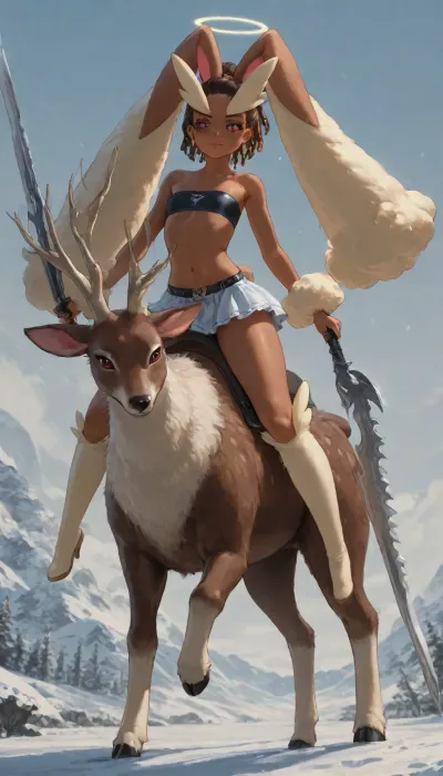 1girl, solo, 30yo, (((Lopunny))), (double blade), halo, voluminous extremely long dreadlocks ponytail, slim body, perfect eyes, deep gaze, freckles, bandeau bra, flat chest, long ruffled skirt, very high heels, knee high boots, ((riding a giant deer)), (snowy mountains), full body view, ac_neg1