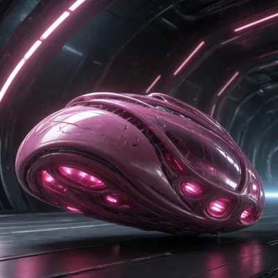 A colossal 100-kilometer-long organic alien spaceship, sleek and sensual body geometry, biomechanical design with smooth metallic curves and glowing pink energy veins. Extremely detailed hull resembling exotic biological structures, massive glowing thrusters, floating in deep space. Hyper-detailed, cinematic lighting, dark fantasy sci-fi, erotic cybernetics aesthetic, 8k resolution.