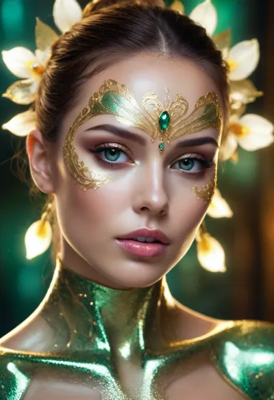 A breathtaking exotic female android, translucent crystalline skin revealing delicate glowing golden wires and liquid light inside. Elegant body structure made of polished white jade and iridescent glass plates, exotic orchid flower patterns etched into her metallic cheeks. Enchanting and beautiful face, deep glowing emerald eyes, surreal digital art masterpiece, dark reflective background with soft colorful bokeh, 8k resolution, photorealistic textures.