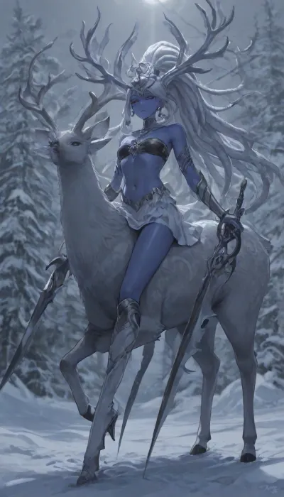 1girl, solo, 30yo, (((Shiva, Cynthia))), (double sword), halo, voluminous extremely long dreadlocks ponytail, slim body, perfect eyes, deep gaze, freckles, bandeau bra, flat chest, long ruffled skirt, very high heels, knee high boots, ((riding a giant deer)), (snowy mountains), full body view, ac_neg1